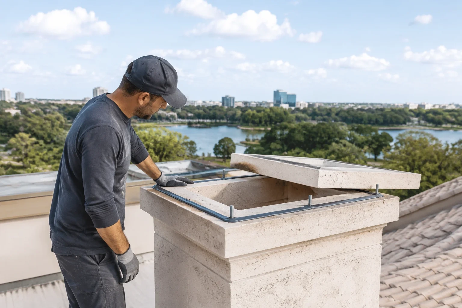 Person standing beside an open masonry chimney with a large rectangular slab resting partly across its top.