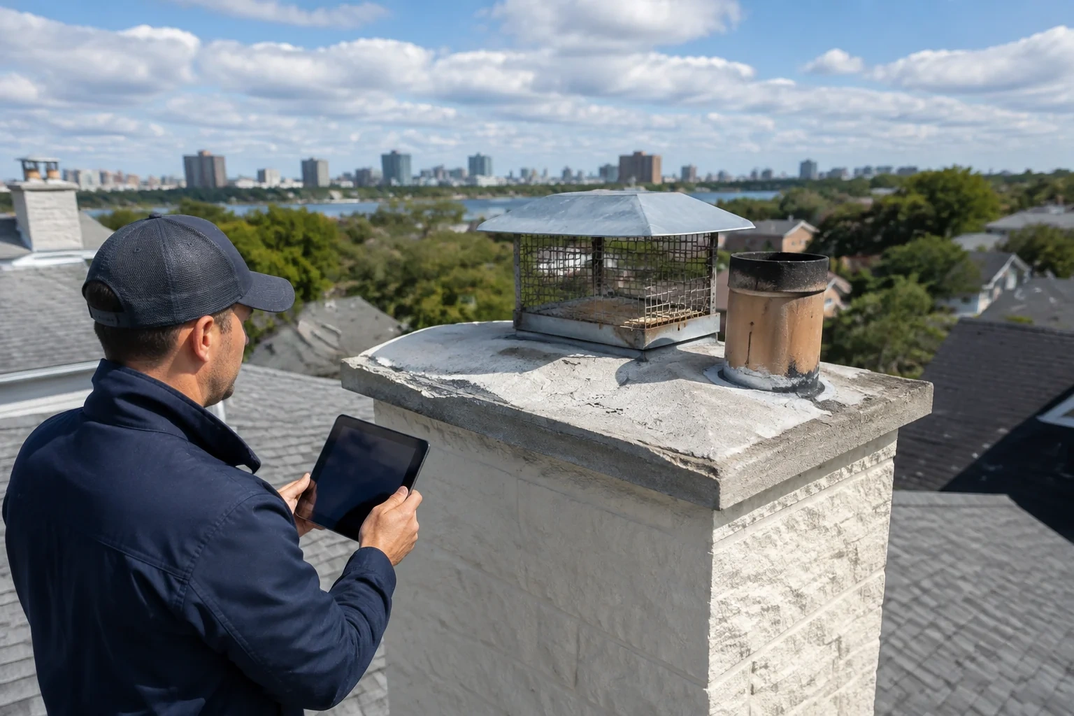 Person holding a tablet beside a chimney crown with chipped edges, a mesh cap and an open round flue.