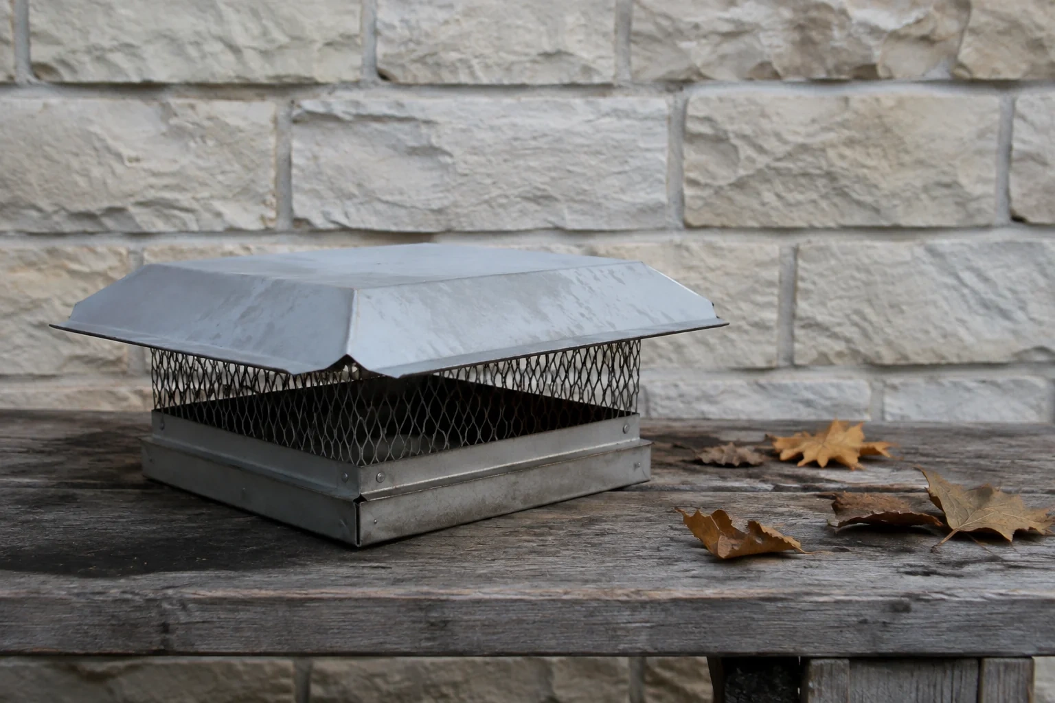 Rectangular metal chimney cap with mesh sides resting on a weathered wooden bench beside fallen leaves.