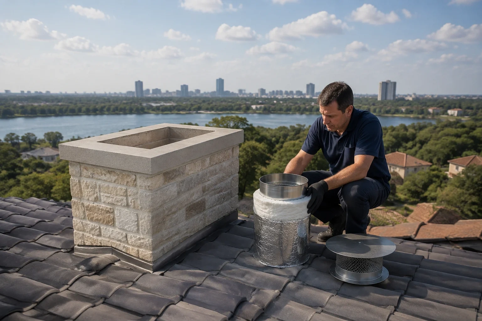 Person holding a metal pipe section wrapped in white material and foil beside an open masonry chimney, with a round cap on the roof.