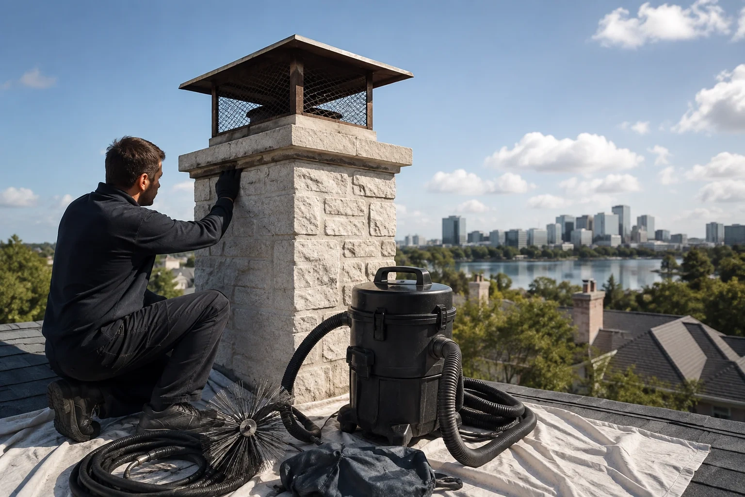 Person kneeling beside a capped masonry chimney on a roof, with a canister vacuum, hoses and a round brush on a drop cloth.