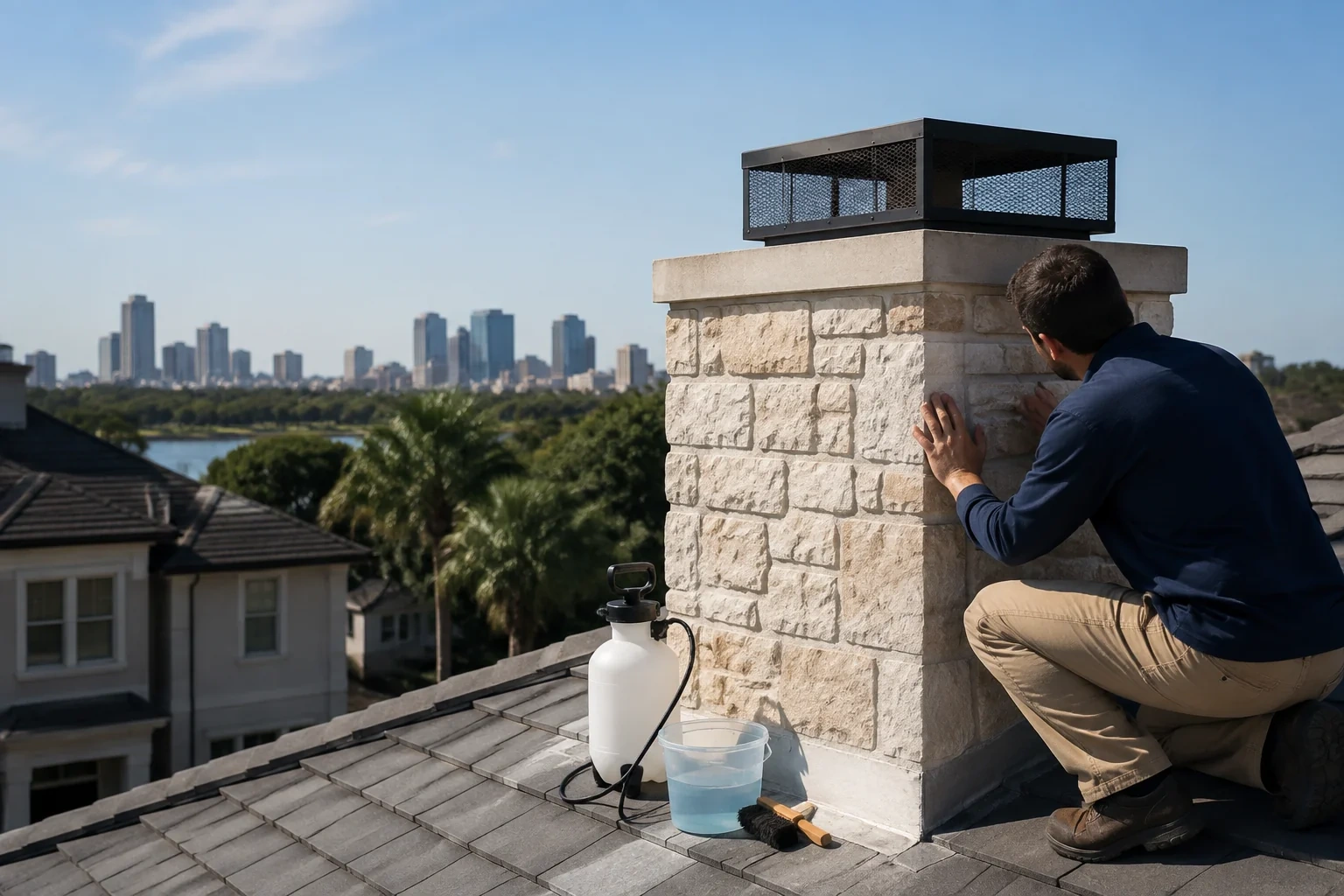 Person kneeling beside a pale masonry chimney with a rectangular mesh cap, with a pump sprayer, bucket and brush on the roof.