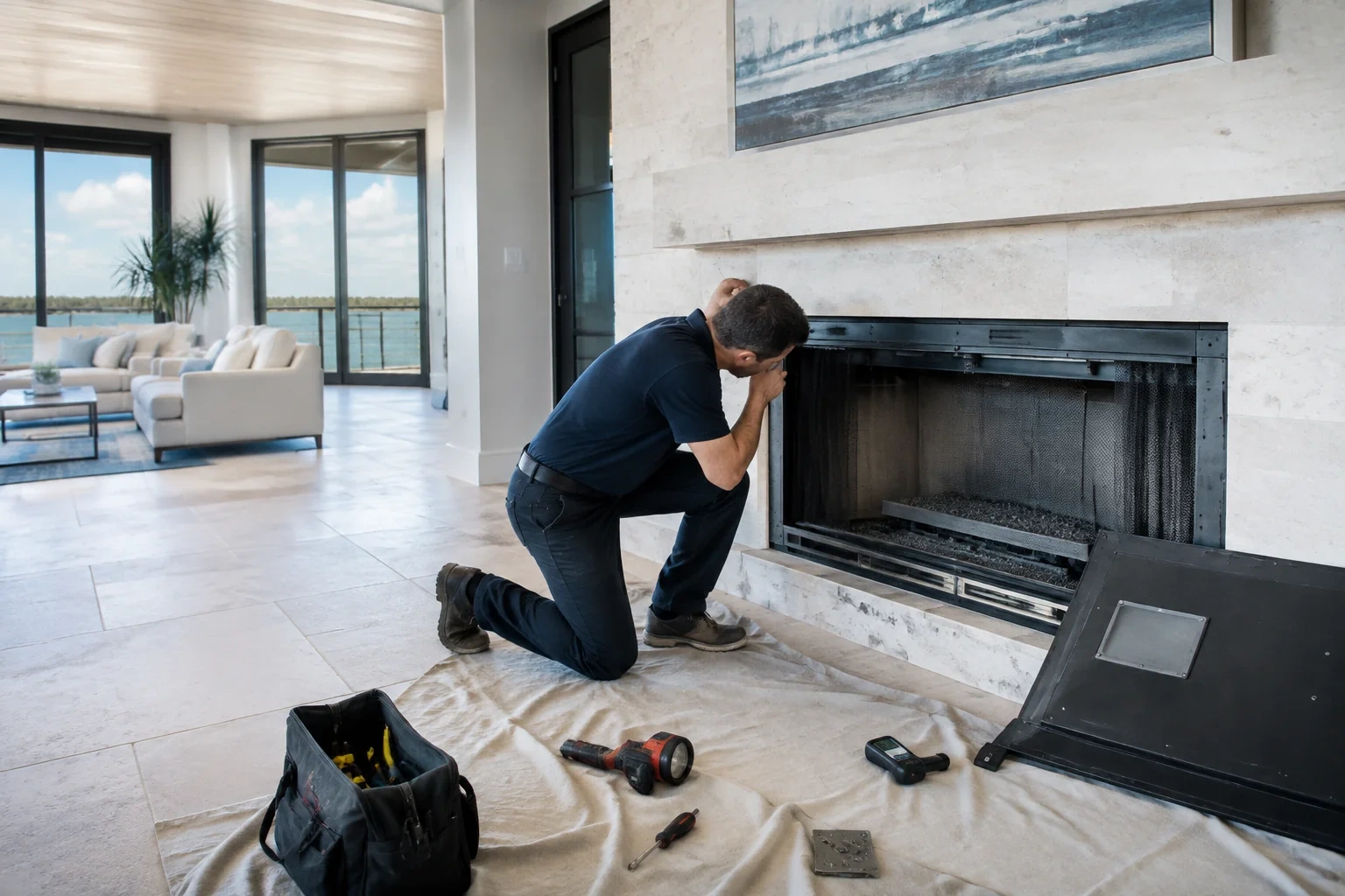 Person kneeling beside an open fireplace surround, with a removed panel, tools and an equipment bag on a drop cloth.