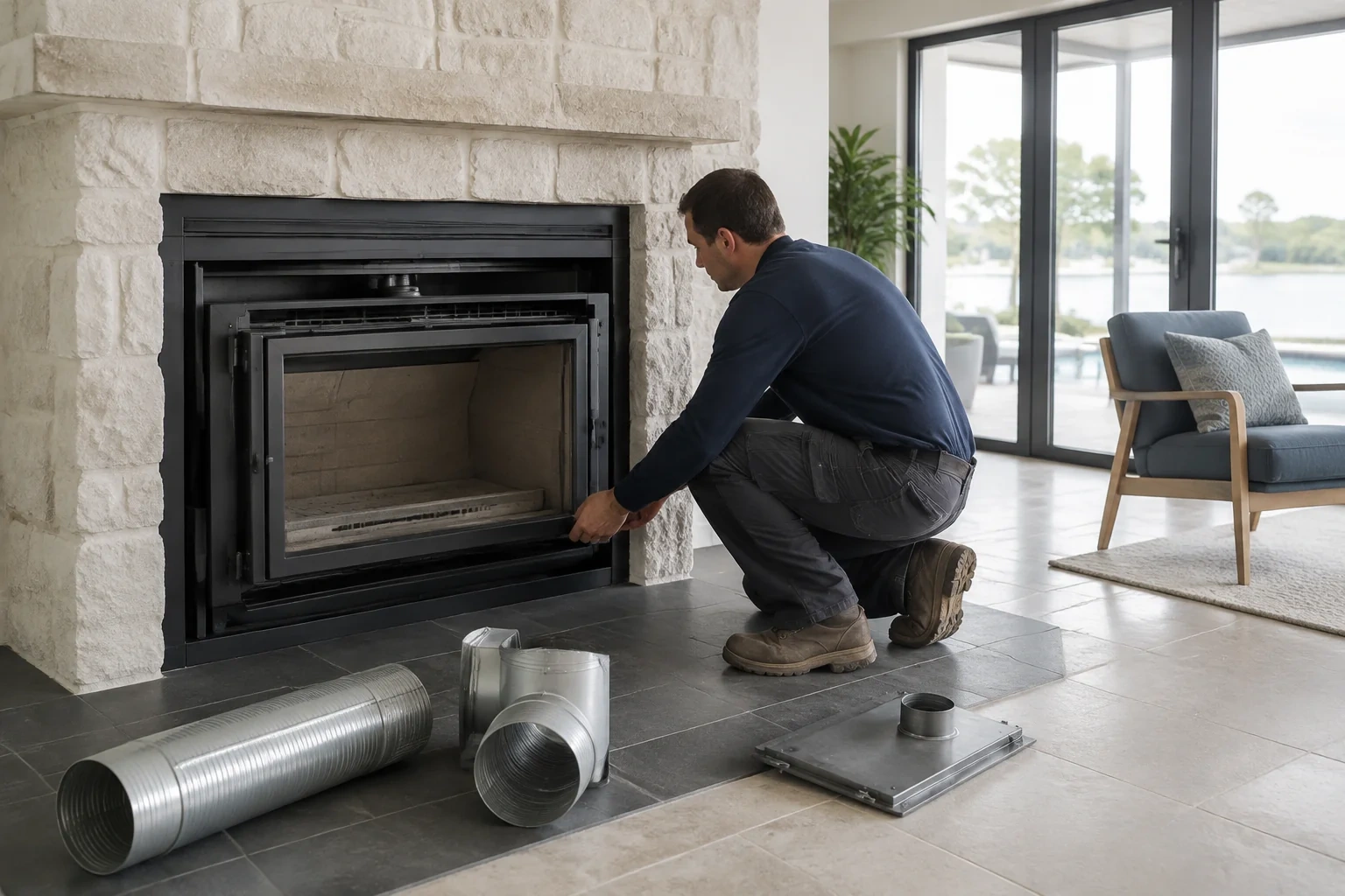 Person holding the lower edge of a fireplace insert, with flexible metal pipe sections and a collar plate on the hearth.