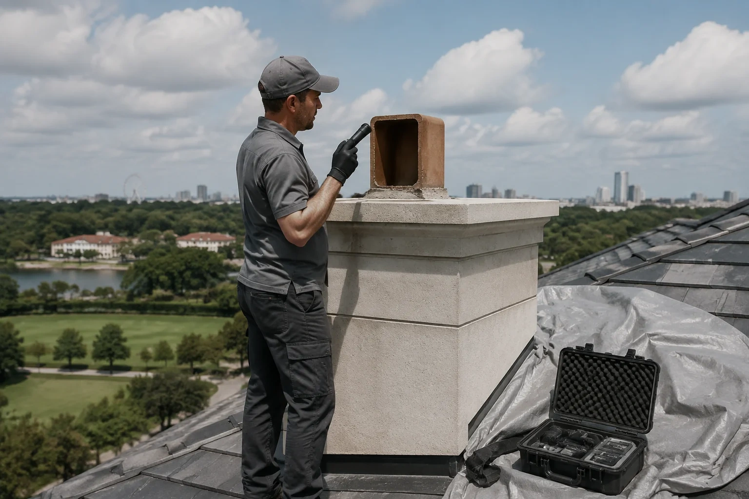 Person holding a flashlight toward a rectangular opening in a brown chimney-top section, with an open equipment case on the roof.