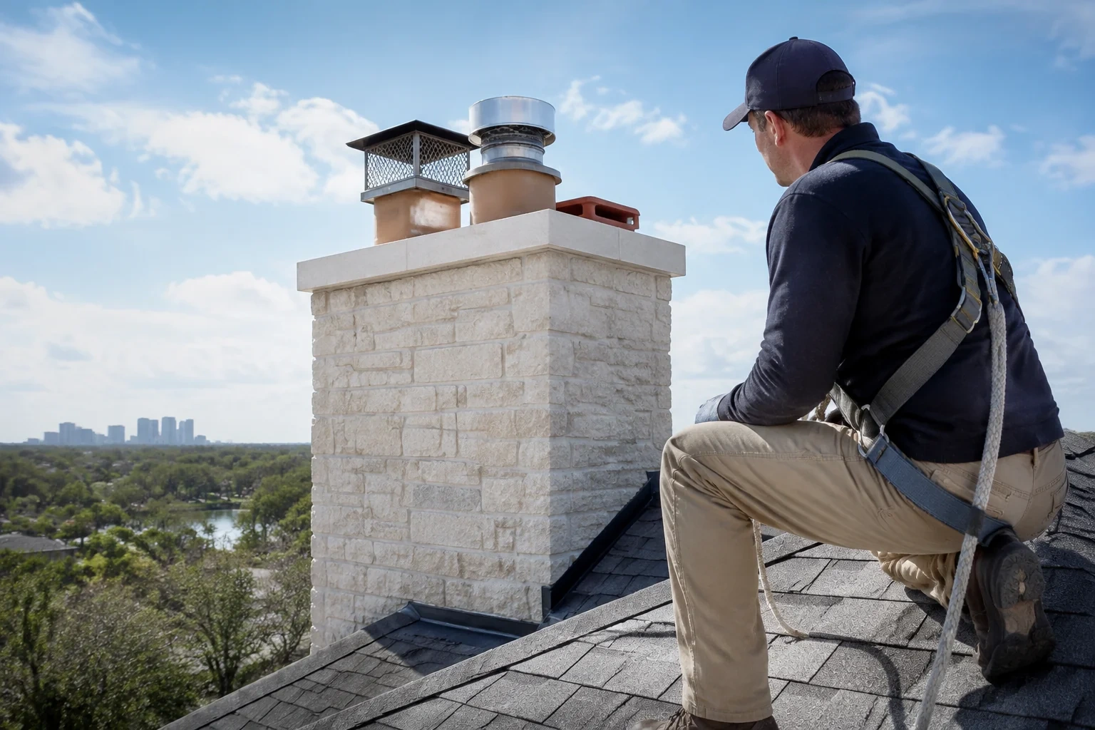 Person wearing a harness and kneeling on a roof beside a pale masonry chimney with several different caps and flue openings.