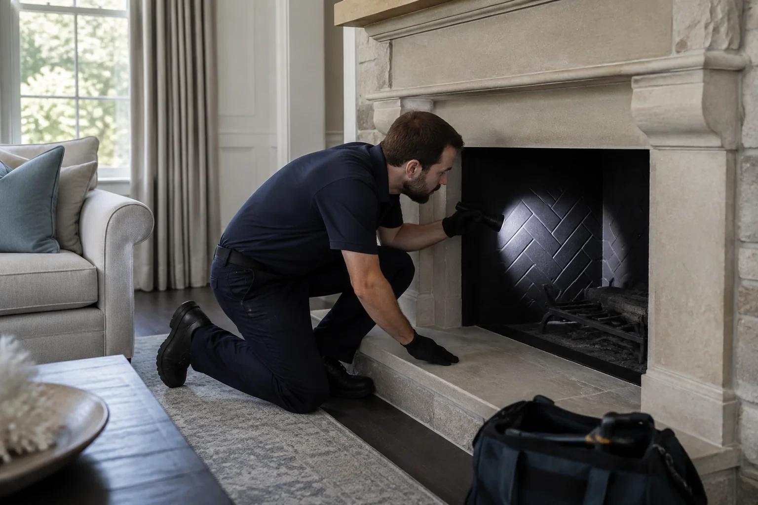Person kneeling at a stone fireplace and shining a flashlight on the dark herringbone-patterned interior.