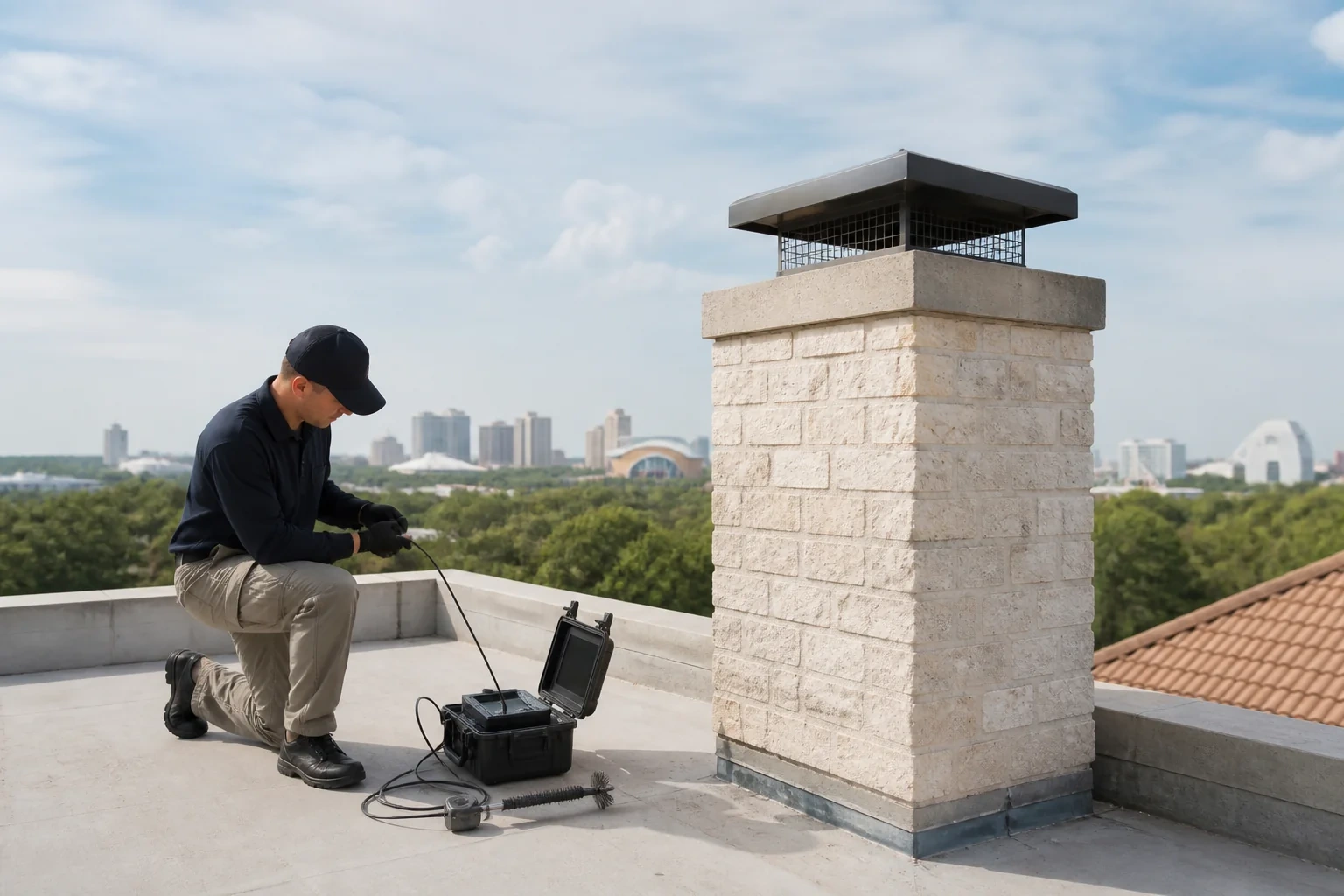 Person kneeling beside a masonry chimney with a cable, an open equipment case and a long brush on the roof.