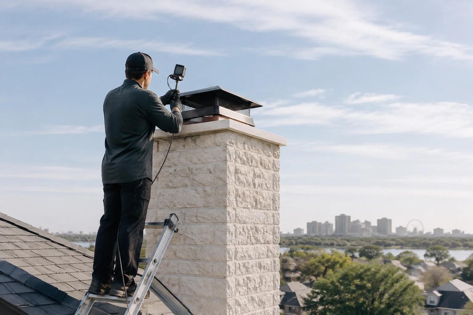 Person standing on a ladder beside a masonry chimney and holding a small screen and cable near the mesh cap.