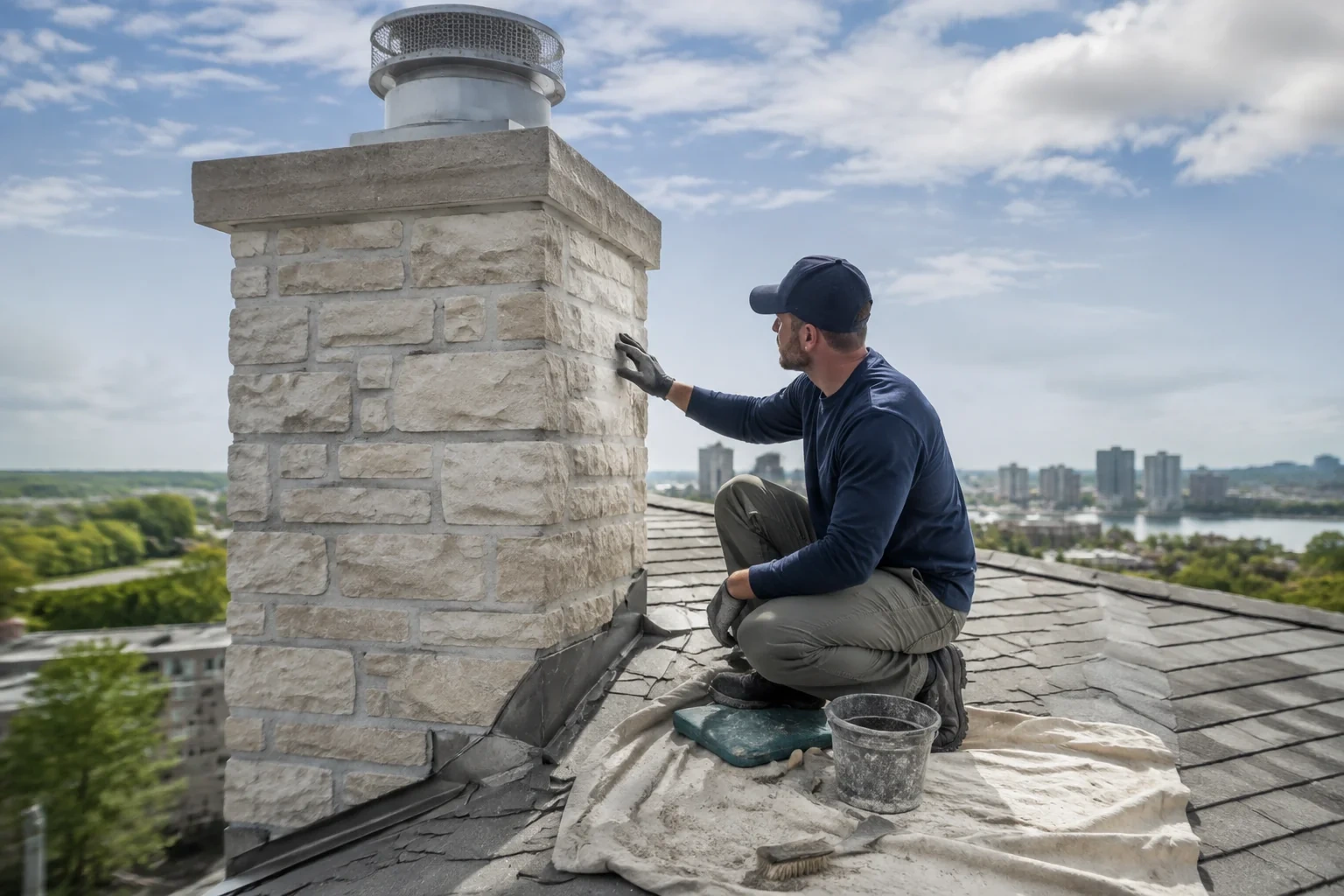 Person kneeling beside a pale masonry chimney and touching its side, with a bucket and brush on a drop cloth.