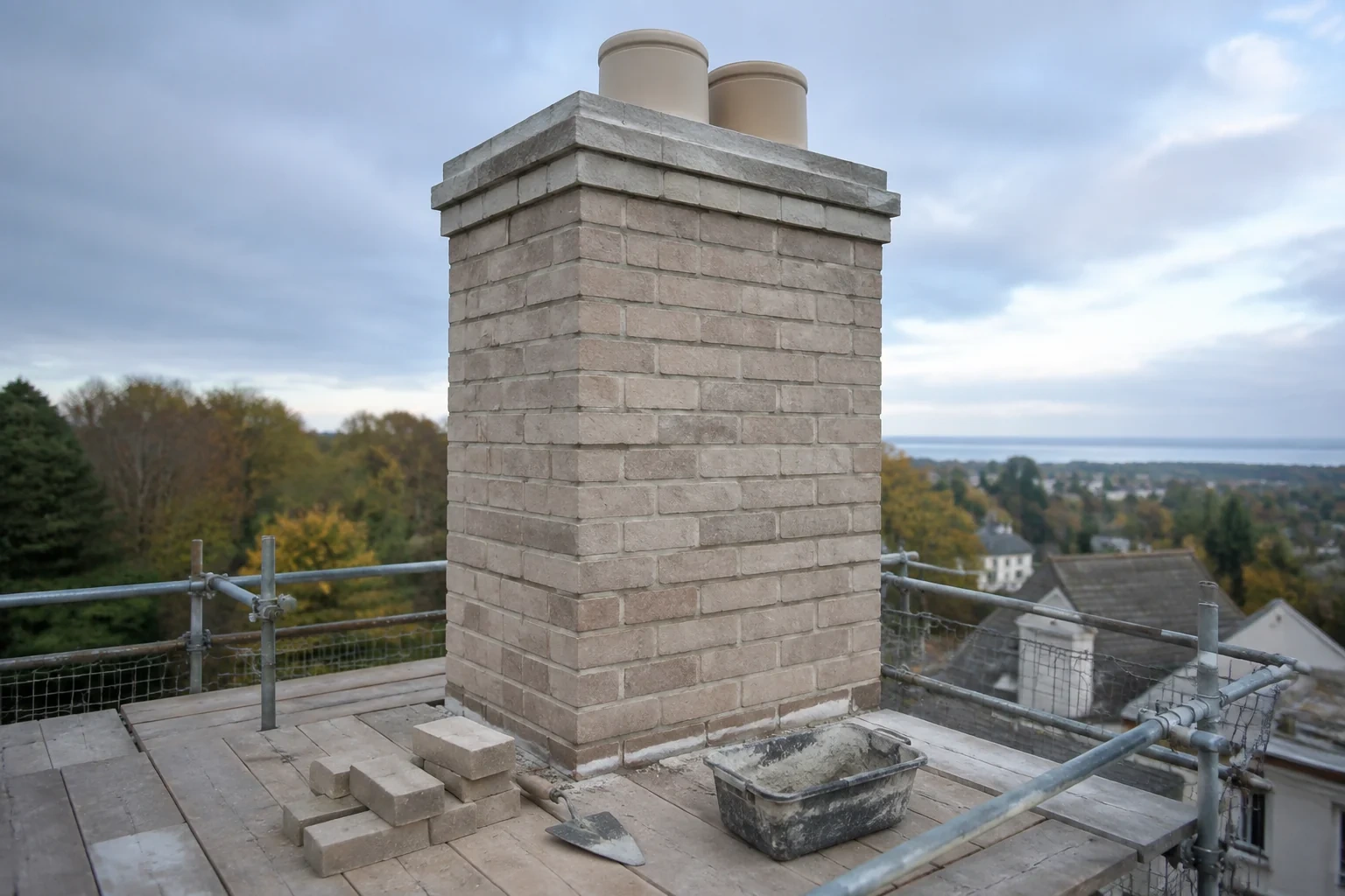 Pale brick chimney with two cylindrical pots, surrounded by scaffolding, loose bricks, a trowel and a mortar tray.