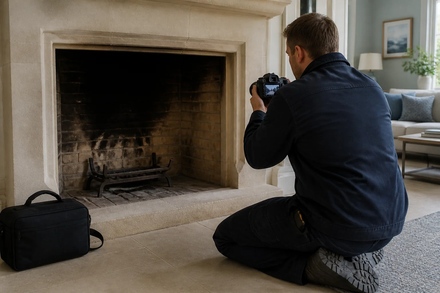 Person kneeling with a camera in front of a darkened brick fireplace and pale surround with a visible crack above the opening.
