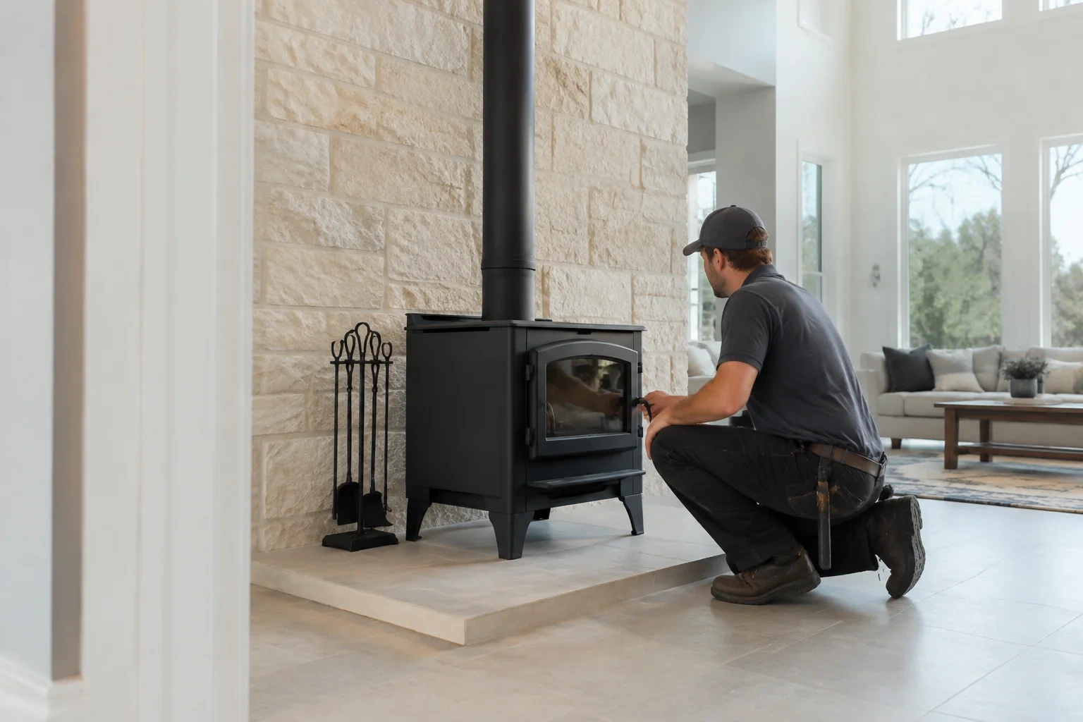 Person kneeling beside a freestanding black stove and holding its door handle, with a vertical flue pipe against a pale masonry wall.